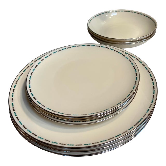 1960's Lenox "Oslo" Green and Platinum China Dinnerware, Set of 12 Chairish