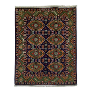Green & Navy Blue Geometric Tribal Wool Area Rug, 5' X 6'7" For Sale