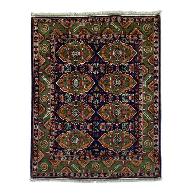 Green & Navy Blue Geometric Tribal Wool Area Rug, 5' X 6'7" For Sale