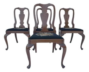 Vintage Henkel Harris Musical Instrument Needlepoint Seat Queen Anne Solid Wood Dining Chairs S/4