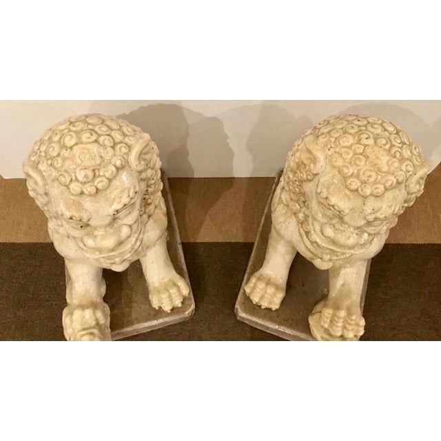 Transitional Large Pair of Cream Crackle Glaze Porcelain Fu Dogs For Sale - Image 3 of 8