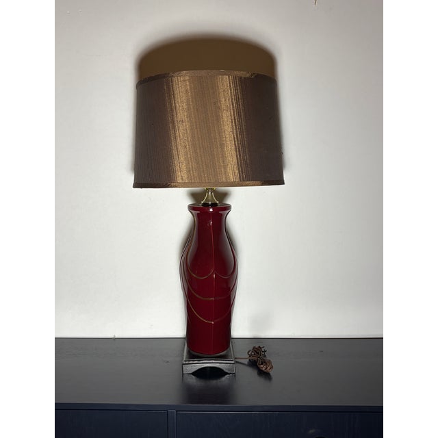 Art Deco 1980s Dark Berry Red Table Lamp With Brass Detailing For Sale - Image 3 of 5