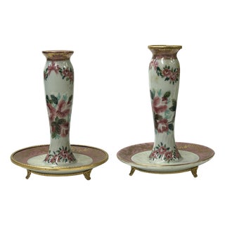 Pair Vintage Handmade Ceramic Pink Flowers Tube Shape Candle Holders For Sale