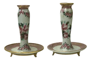 Pair Vintage Handmade Ceramic Pink Flowers Tube Shape Candle Holders