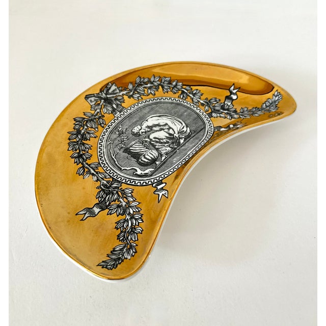 Ceramic Single Medaglioni Piero Fornasetti Gilt Porcelain Cresent Shaped Catchall Tray For Sale - Image 7 of 12