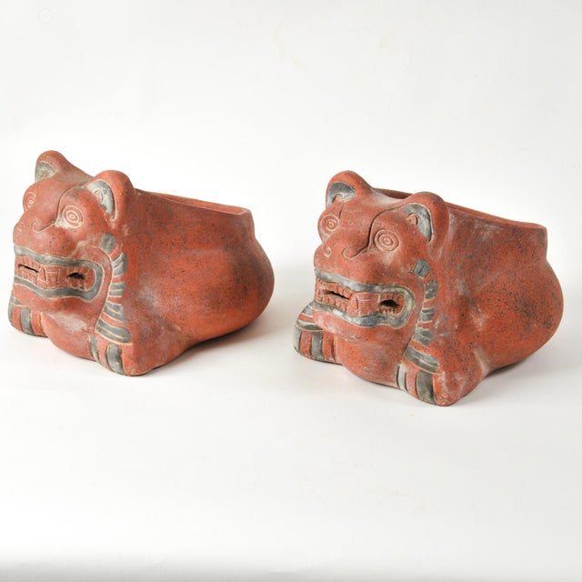 Wow! Spectacular pair of vintage/antique Aztec folk art ceramic animal planters. These unique and charming jaguar vessels...