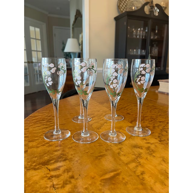 Vintage Art Nouveau Perrier Jouet Hand Painted Floral Champagne Flutes - Design by Emile Galle - Set of 6 For Sale - Image 12 of 13