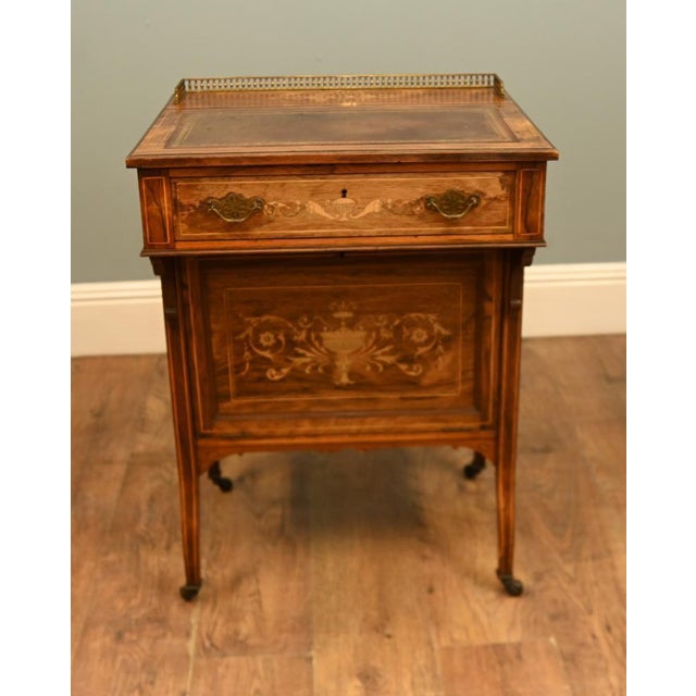 Elegant Edwardian mahogany and satinwood marquetry Davenport desk, circa 1900, of compact and highly decorative form The...