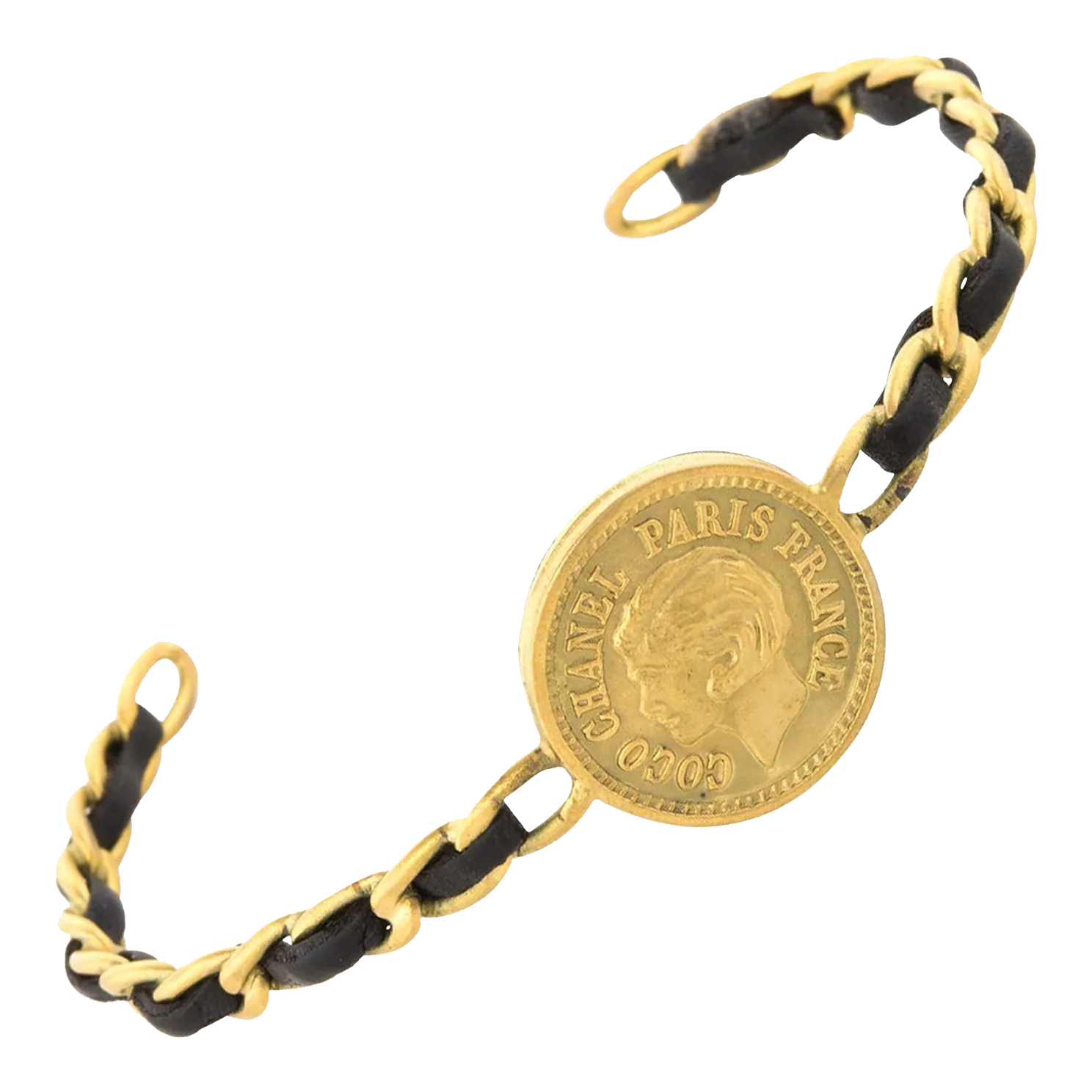 1990s Vintage Chanel Coco Coin Cuff c1995 Chain Link Leather