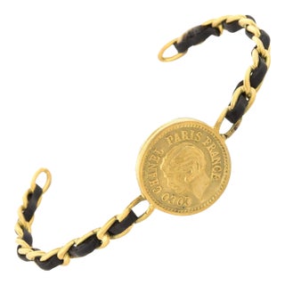 1990s Vintage Chanel Coco Coin Cuff c1995 Chain Link Leather Bracelet Yellow Gold Tone For Sale