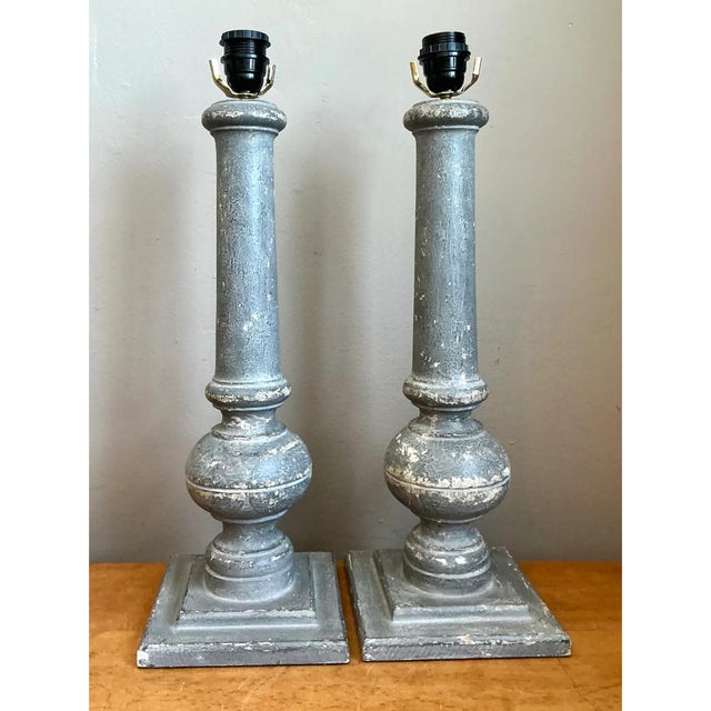 Late 20th Century Vintage Distressed Wood Table Lamps - Pair For Sale - Image 5 of 12