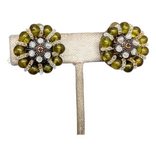 Vintage 1960s Signed Ornella Italy Round Green Beaded Clip Earrings-2 Pieces For Sale