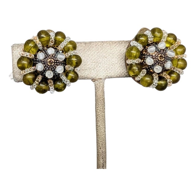 Vintage 1960s Signed Ornella Italy Round Green Beaded Clip Earrings-2 Pieces For Sale