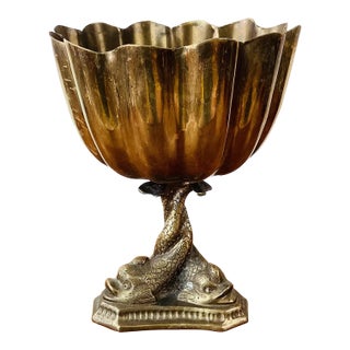 Vintage Brass Antique Dolphin Base Fluted Centerpiece Bowl For Sale