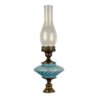 1960s Blue Swirl Glass Electrified Oil Lamp For Sale