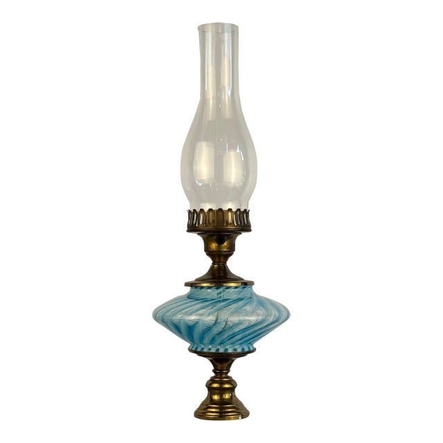 1960s Blue Swirl Glass Electrified Oil Lamp For Sale