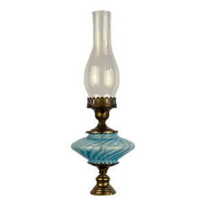 1960s Blue Swirl Glass Electrified Oil Lamp