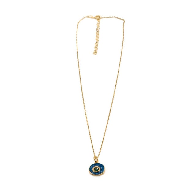 Contemporary Blue Enamel Jade Stone Evil Eye Pendant Gold Chain Necklace For Sale - Image 3 of 9