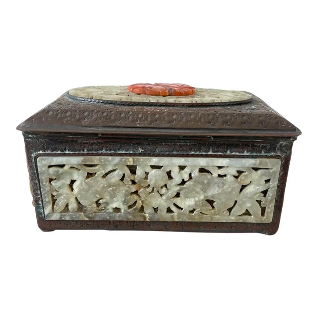 Rare Chinoiserie 19th Century Carved Jade and Carnelian Copper Box For Sale