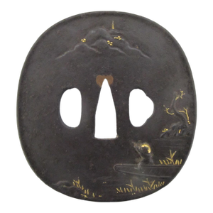 Edo Period Japanese Tsuba Sword Guard in Iron With Gold Mountain Boat Scene