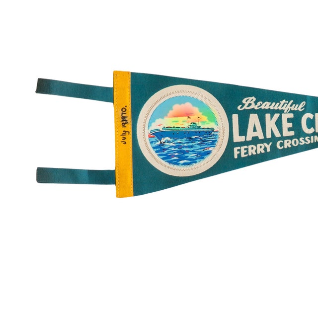 Vintage Lake Champlain Ferry Crossings felt flag pennant circa 1970. This mid-century souvenir from Lake Champlain has a...