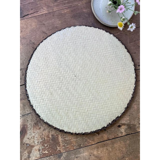Wood Large Hand Painted Rattan Tray-Bird-Floral-27''-Boho-Chinoiserie-Wall-Bamboo For Sale - Image 7 of 11