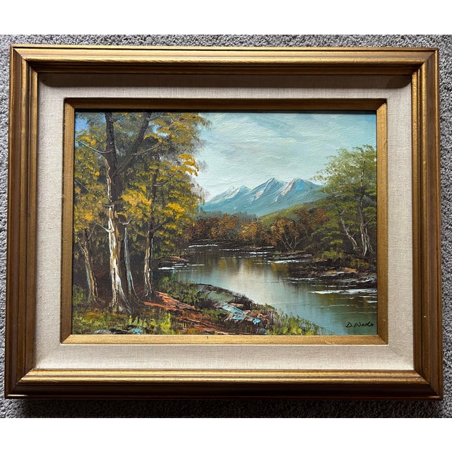 Vintage mid century impressionist landscape oil painting of the Sierra Nevada mountain range with autumn trees. Signed to...