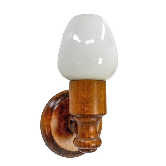 French Beech & Opaline Glass Wall Lights, 1970s, Set of 2 For Sale - Image 4 of 8