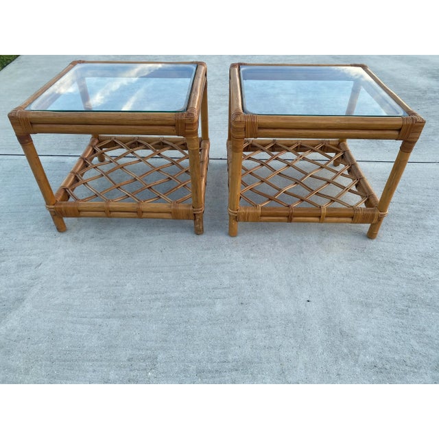 Boho Coastal Vintage Square Glass Top Lattice Rattan End Tables Styled After McGuire- Set of 2 For Sale - Image 10 of 12