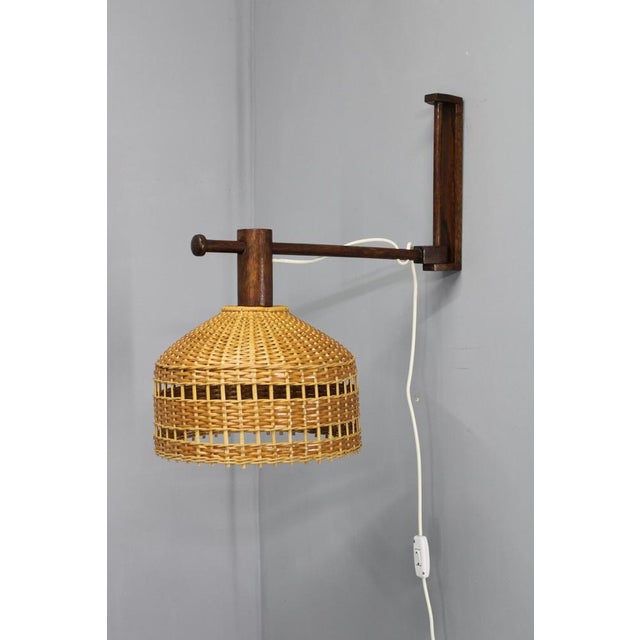 Mid-Century Adjustable Wooden Wall Lamp with Rattan Shade, 1970s For Sale - Image 4 of 15