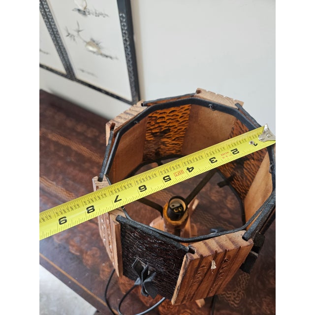 Wood Early 20th Century Arts and Craft Wood and Slag Glass Lamp Hand Carved Panels and Wrought Iron Accents For Sale - Image 7 of 7