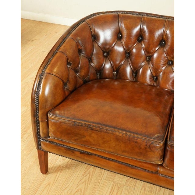1940s Whiskey Brown Hand-Dyed Leather 2-Seater Sofa, 1940s For Sale - Image 5 of 12