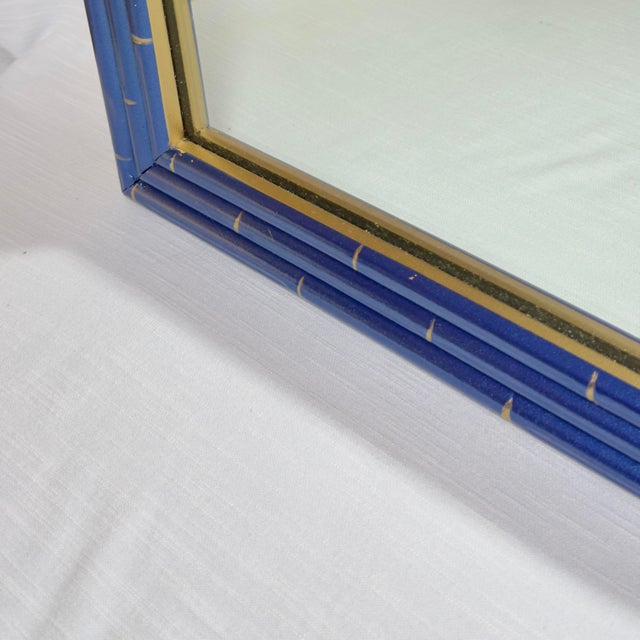 Vintage Palm Beach Regency Medium Faux Bamboo Wall Mirror Newly Painted Blue With Hand Gilt Accents For Sale - Image 11 of 12