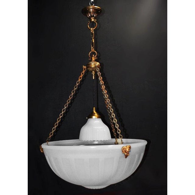White Vintage Art Deco Bronze and Moonstone Glass Rams Head Pendant Light, 1930s For Sale - Image 8 of 18