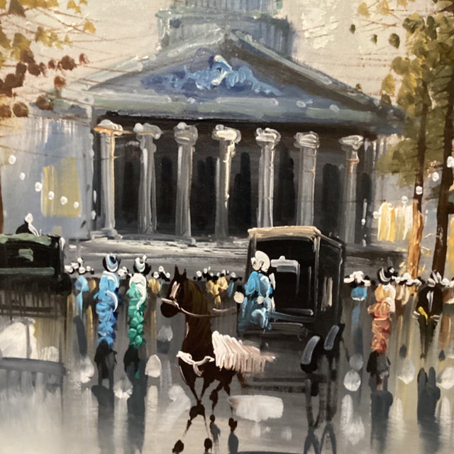 Brown Mid 20th Century Vintage Impressionistic Painting on Canvas Parisian Street Scene Signed by Marchand, Framed For Sale - Image 8 of 12