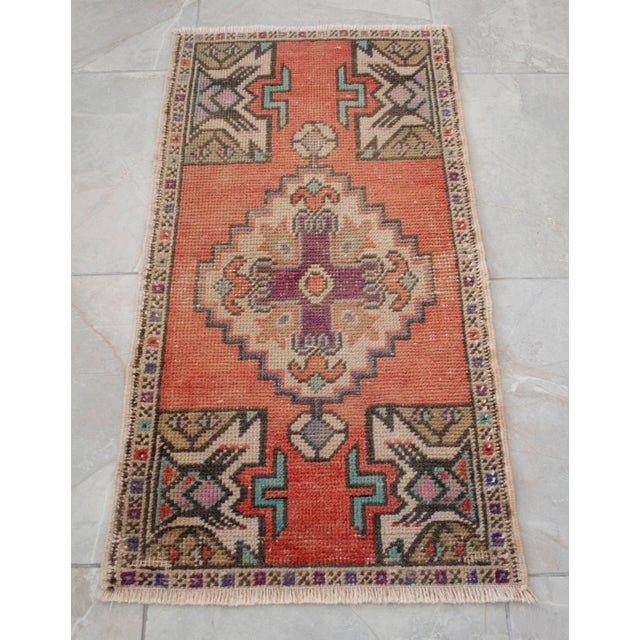 Distressed Low Pile Hand Knotted Yastik Rug Faded Rug - 18'' X 36'' For Sale - Image 11 of 12