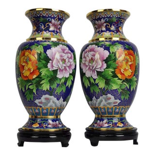 Pair of Vintage Cloisonné Enamel Floral & Bird Baluster Vases With Wooden Stands For Sale