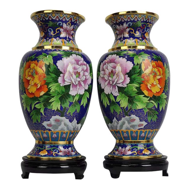 Pair of Vintage Cloisonné Enamel Floral & Bird Baluster Vases With Wooden Stands For Sale