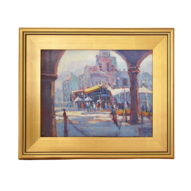 Wood Silvio Silvestri, Listed Artist Italian Cityscape Oil Painting Including the Antiqued Gold Wood Frame For Sale - Image 7 of 12