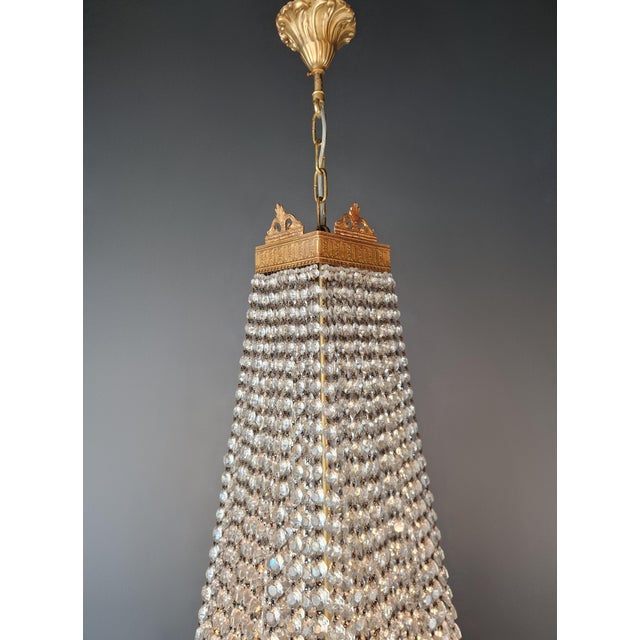 Brass Antique Art Deco Crystal Chandeliers Brass Tiered Chandelier Restored - Set of 3 For Sale - Image 8 of 9