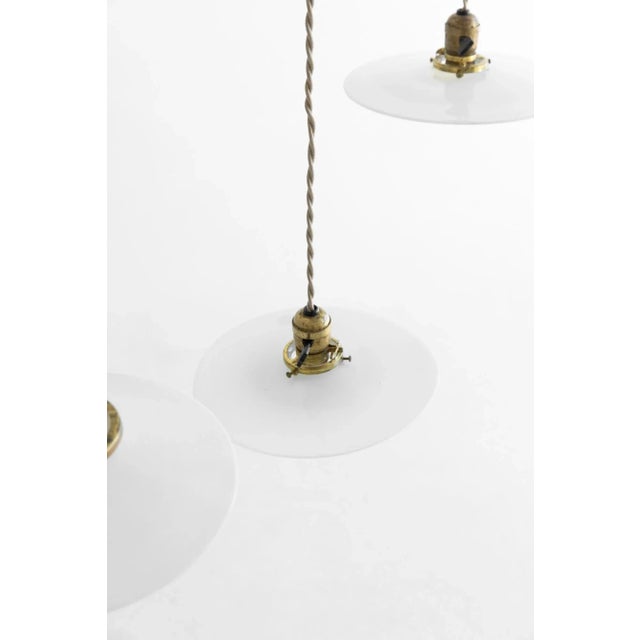 American Vintage Milk Glass Convex Pendants, Khaki Cotton Cord, Pair For Sale - Image 3 of 6