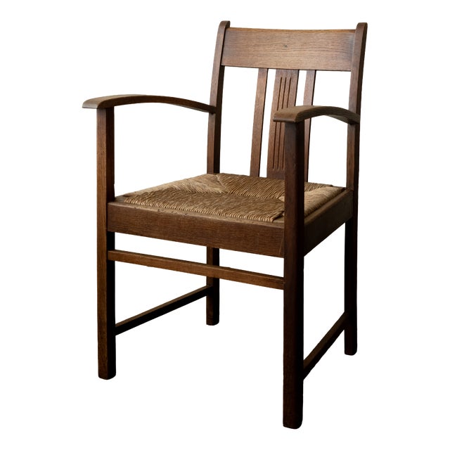 Dutch Art Deco Oak and Rush Armchair, 1920s For Sale