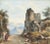 Watercolor of castle ruins along a road possibly by John Varley (jr.?). In the foreground, there is a figure with a hat,...