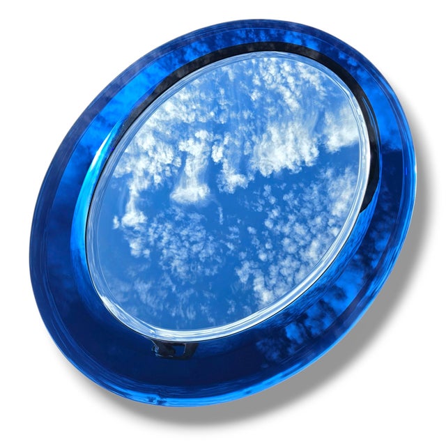 Glass Extremely Rare Cristal Arte Italian Dual-Tone Mirror – Clear Beveled Oval With Blue Mirrored Border For Sale - Image 7 of 14