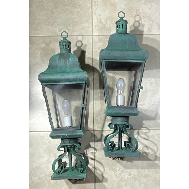 Metal Pair of Vintage Solid Brass Post Lanterns. 27”h X 8”.5 X 8”.5 For Sale - Image 7 of 16