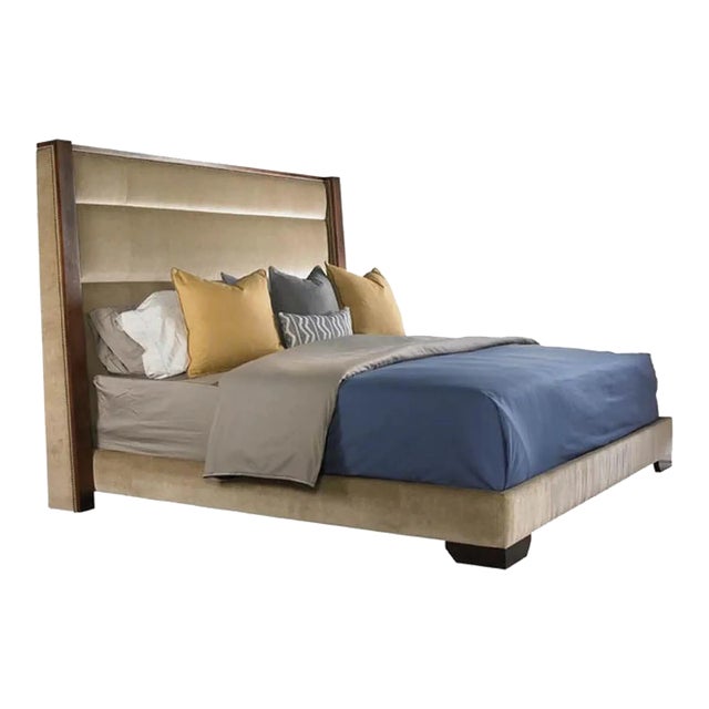Thom Filicia, Modern King Size Bed Frame, Low Profile, Upholstery, Walnut For Sale