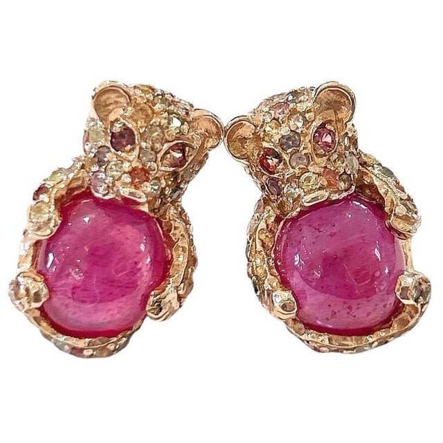 Bochic “Orient” Red Ruby & Multi Sapphire Earrings Set In 18K Gold & Silver - a pair For Sale