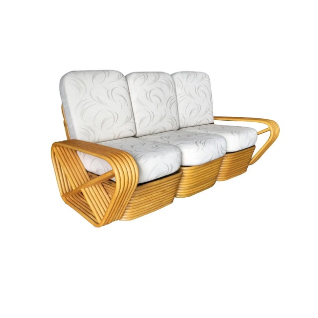 1950s Restored Six-Strand Square Pretzel Rattan Sofa and Lounge Chair Set For Sale - Image 5 of 11