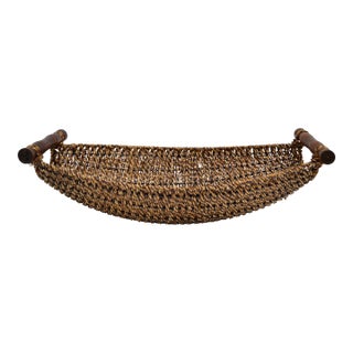 Organic Handwoven Decorative Basket Bamboo Handles Boho Chic For Sale