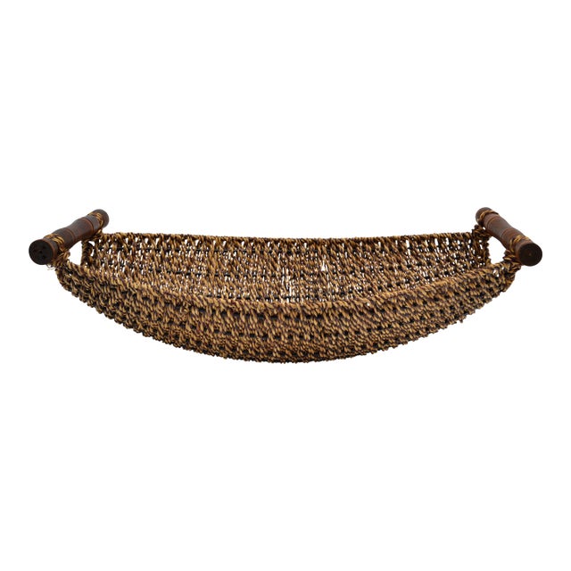 Organic Handwoven Decorative Basket Bamboo Handles Boho Chic For Sale